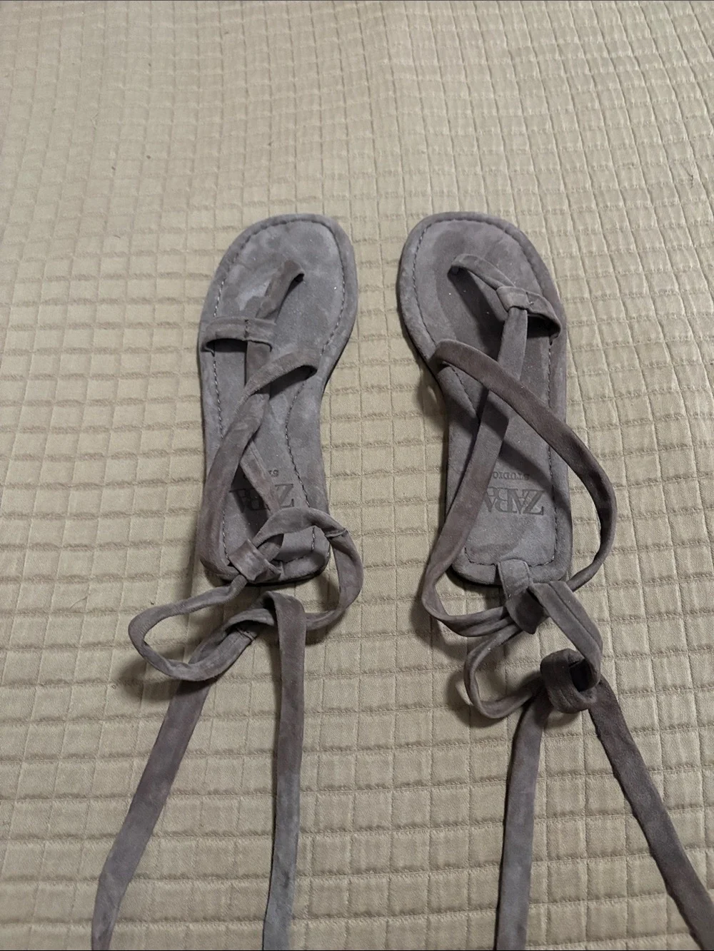 Zara Gray Suede Wrap Sandals with Ankle Tie - Picture 2 of 4